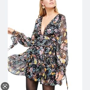 FREE PEOPLE Womens Black Floral Long Sleeve Mini Ruffled Party Dress